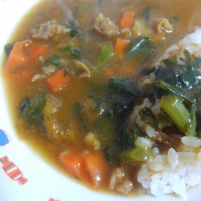 春菊入りカレー！！
ドキドキしながら食卓に出しましたが、全員完食！
ほろ苦い葉がいつもと違った美味しさでした♪